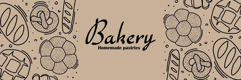 Trendy Vector horizontal background for bakery or cafe.Illustrations of buns Stock Illustration