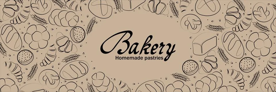 Trendy Vector horizontal background for bakery or cafe.Illustrations of buns Illustrazione stock