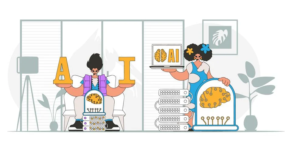 A trendy vector illustration of a guy and girl AI team. Stock Illustration