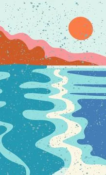 Trendy vector illustration of a seashore and mountains at sunset in abstrac.. Illustrazione stock