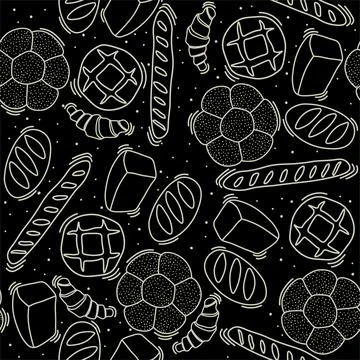 Trendy vector pattern for bakery or cafe.Illustrations of buns,bread, baguette Illustrazione stock