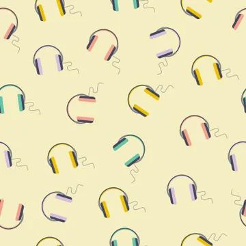 Trendy vector seamless pattern with headphones on beige background. Musical 스톡 일러스트