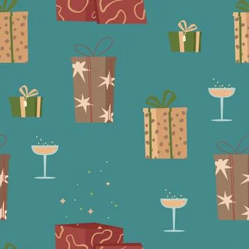 Trendy vector seamless pattern with presents and champagne. Cute hand-drawn g Stock Illustration