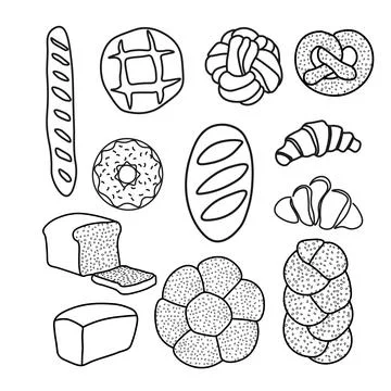 Trendy vector set for bakery or cafe.Illustrations of buns,bread, baguette,and Stock Illustration