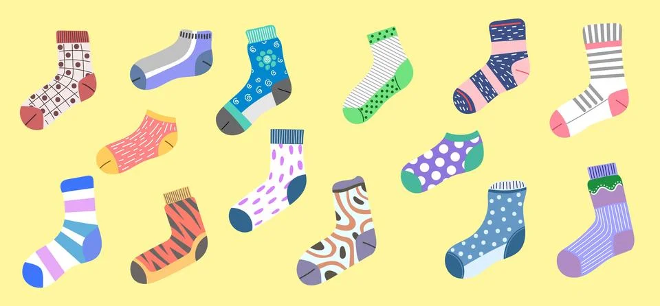 Trendy warm socks with different types and textures made of cotton and wool Stock Illustration