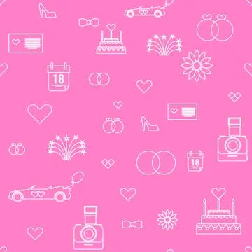Trendy Wedding Line Icons Pattern background flat color illustration.. Stock Illustration