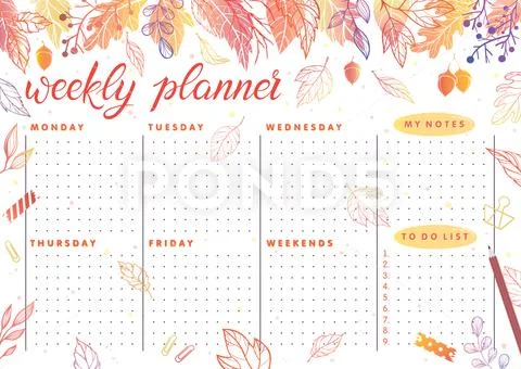 Trendy weekly planner with autumn leaves and floral elements in fall colors.P Stock Illustration
