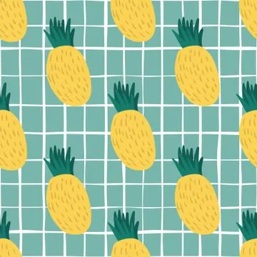 Trendy yellow pineapple seamless pattern on green background. Stock Illustration