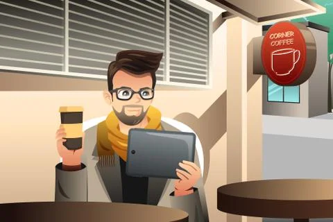 Trendy young man using tablet in a cafe Illustrazione stock