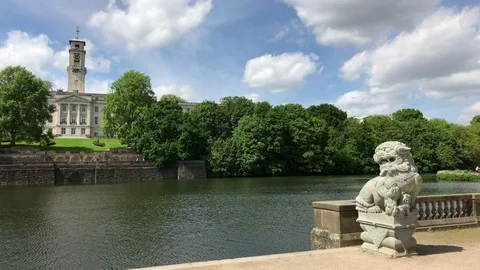 Trent Building, with Chinese Lion statue - gifted by Chinese city of Ningbo. Stock Footage