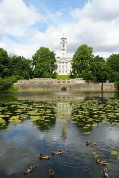 Trent Building Reflected In Highfields Park Lake With Ducks, Nottingham, Stock Photos