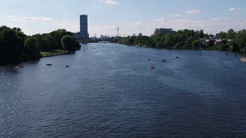 Treptower Park, Berlin, summer, a trip over the Spree river, aerial. Stock Footage 80602140