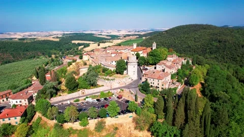 Trequanda Aerial orbit drone 4k view mediaval-Tuscany Italian town anncient wall Stock Footage 202591685
