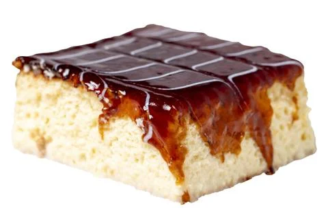 Tres leches cake. Slices of trilece cake with milk and caramel isolated on wh Stock Photos