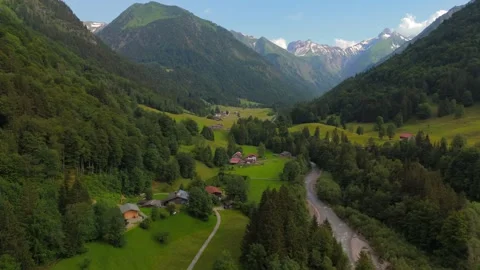 Trettach River in Oberstdorf, Germany, winds through forests and alpine Stock Footage 294195485