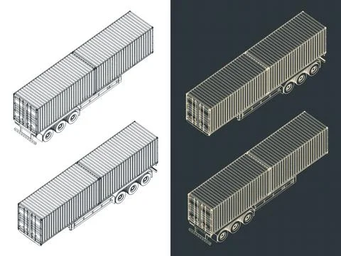 Tri-axle container trailer isometric blueprints Stock-Illustration