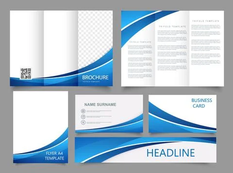 Tri fold brochure with blue waves. Collection of folded brochures, annual rep Stock Illustration