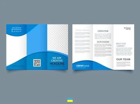 Tri fold brochure with blue waves. Flyer for printing. Corporate Tri fold bro Stock Illustration
