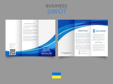 Tri fold brochure with blue waves. Collection of folded brochures. Stock Illustration