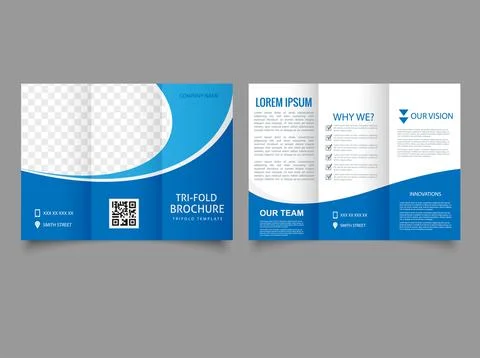 Tri fold brochure with blue waves. Collection of folded brochures. Stock Illustration