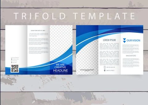 Tri fold brochure with blue waves. Collection of folded brochures. Stock Illustration
