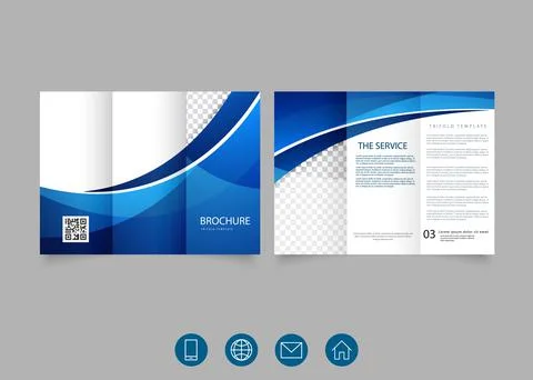 Tri fold brochure with blue waves. Creative fold brochure, marketing agency. Stock Illustration
