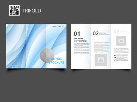 TRI-FOLD brochure with light blue waves. Blue motion tri-fold brochure design Stock Illustration