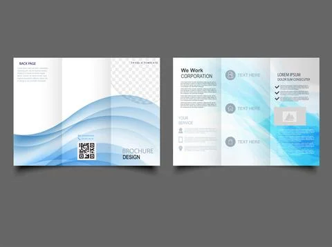 TRI-FOLD brochure with light blue waves. Blue motion tri-fold brochure design Stock Illustration