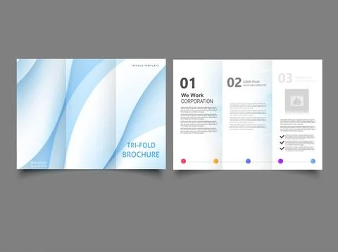 TRI-FOLD brochure with light blue waves. Blue motion tri-fold brochure design Stock Illustration