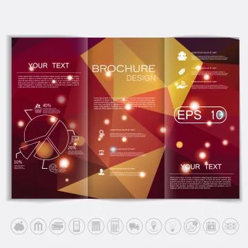 Tri-Fold Brochure mock up design. Polygonal background with shiny elements. 스톡 일러스트