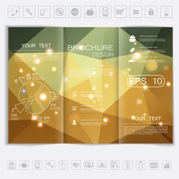Tri-Fold Brochure mock up design. Polygonal background with shiny elements. Illustrazione stock