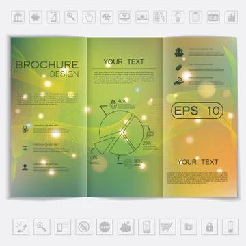 Tri-Fold Brochure mock up vector design. Smooth unfocused bokeh background wi Stock Illustration