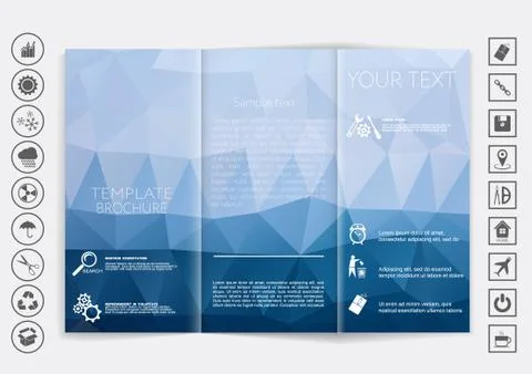 Tri-Fold Brochure mock up vector design. Polygonal background. Stock Illustration