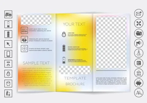 Tri-Fold Brochure mock up vector design. Smooth unfocused bokeh background. Stock Illustration