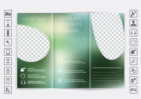 Tri-Fold Brochure mock up vector design. Smooth unfocused bokeh background. Stock Illustration