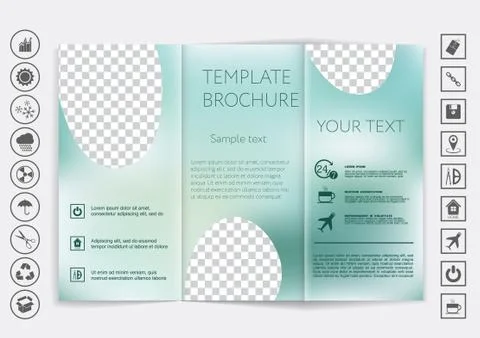 Tri-Fold Brochure mock up vector design. Smooth unfocused bokeh background. Stock Illustration