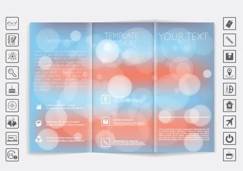 Tri-Fold Brochure mock up vector design. Smooth unfocused bokeh background. Stock Illustration