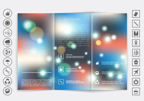 Tri-Fold Brochure mock up vector design. Smooth unfocused bokeh background. Stock Illustration