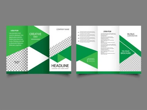 Tri fold brochure template design with green triangles. Stock Illustration