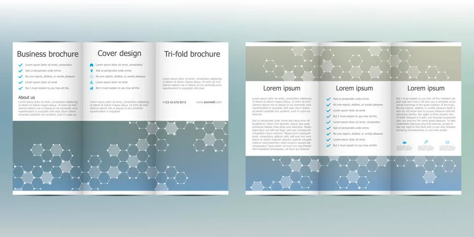 Tri-fold brochure template with hexagonal background. Vector illustration. Stock Illustration