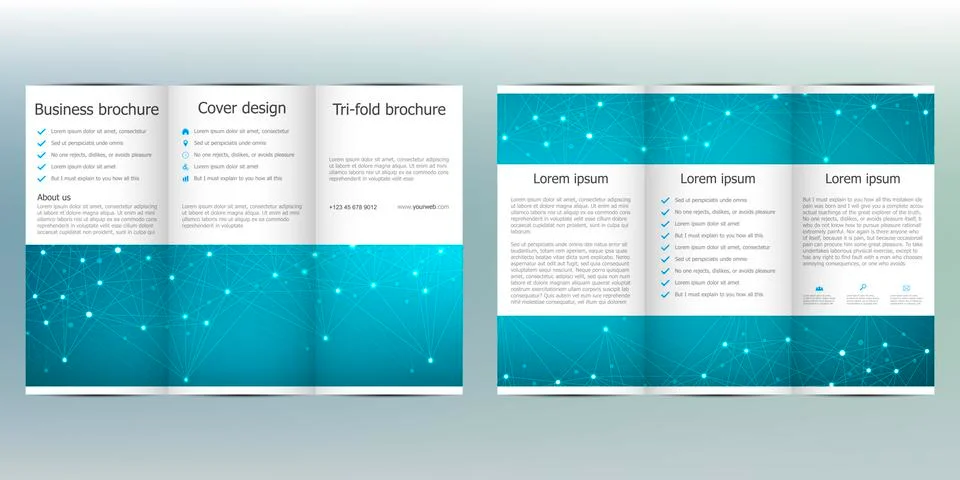 Tri-fold brochure template with hexagonal background. Vector illustration. Stock Illustration