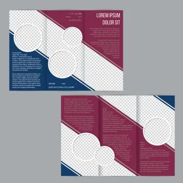 Tri-fold flyer brochure template with maroon and blue stripes Stock Illustration