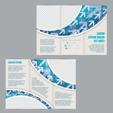 Tri-fold flyer template with arrows on blue wave Stock Illustration