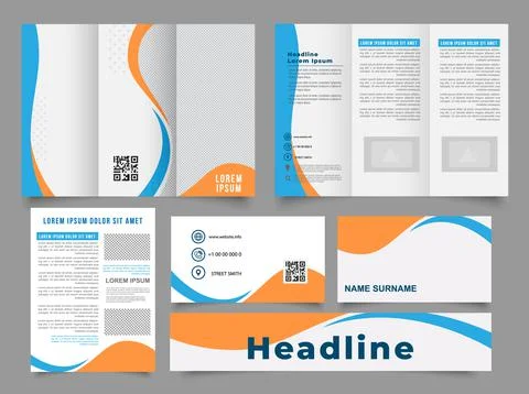 Tri fold wave brochure layout. Blue and orange flyer. For design and print. C Stock Illustration