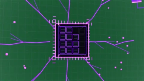 Tri morphing to magenta chip, branching, pulsing 4x4 grid, activating UI, Stock Footage 329503465