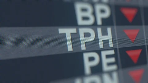 TRI POINTE GROUP TPH stock ticker with decreasing arrow. Editorial crisis Stock Footage 119674777