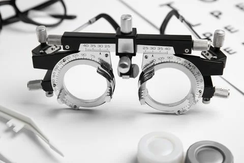 Trial frame on white background, closeup. Ophthalmologist tool Stock Photos