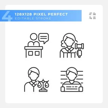Trial process participants pixel perfect linear icons set Ilustração Stock