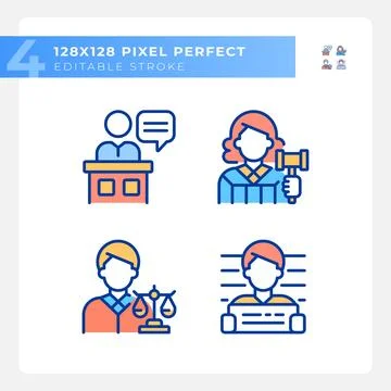 Trial process participants pixel perfect RGB color icons set Ilustração Stock