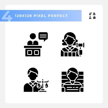 Trial process participants pixel perfect black glyph icons set on white space Ilustração Stock